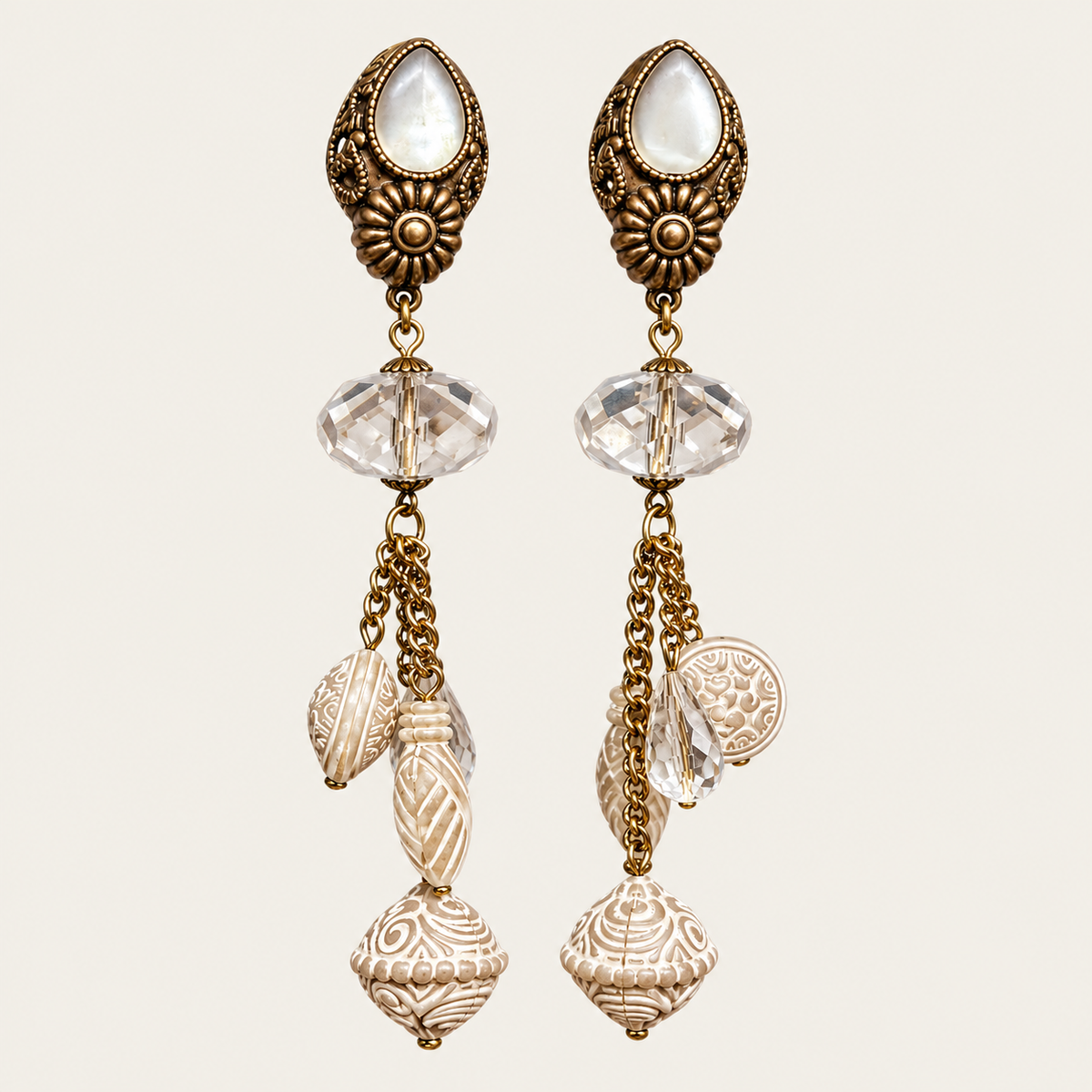 White & Gold Clip Earrings